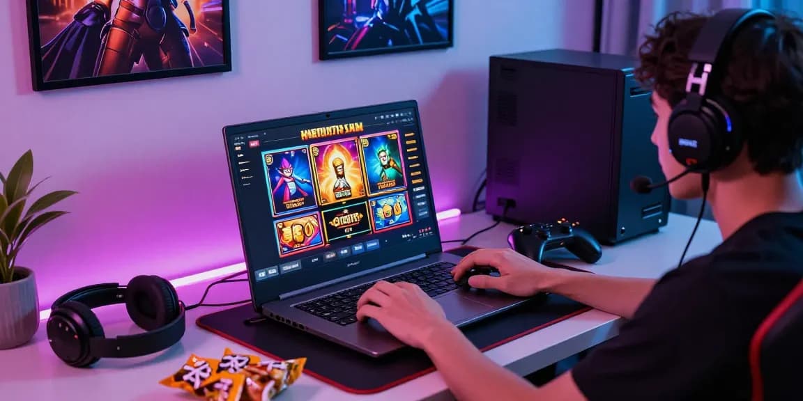 Pasar88 - Pengalaman bermain slot online dengan antarmuka menyenangkan dan aksesori gaming di meja modern.