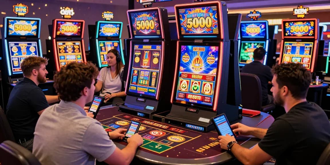Players enjoying slot depo 5000 games in a vibrant online casino atmosphere with digital graphics and gaming devices.