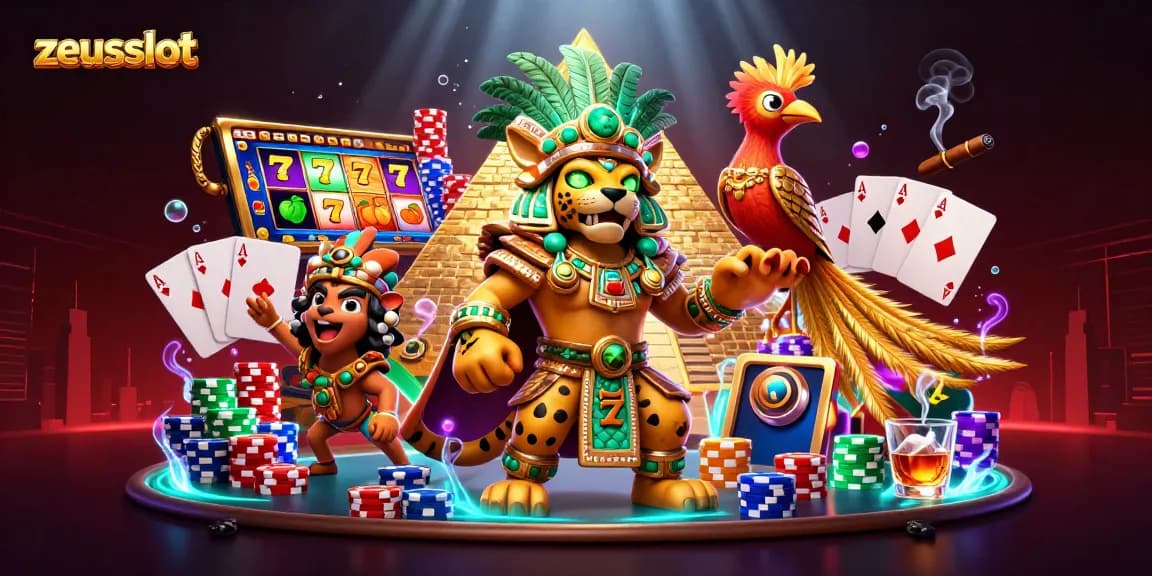 Spin and win on zeusslot with exciting 3D illustration featuring Mayan characters and vibrant slot symbols.