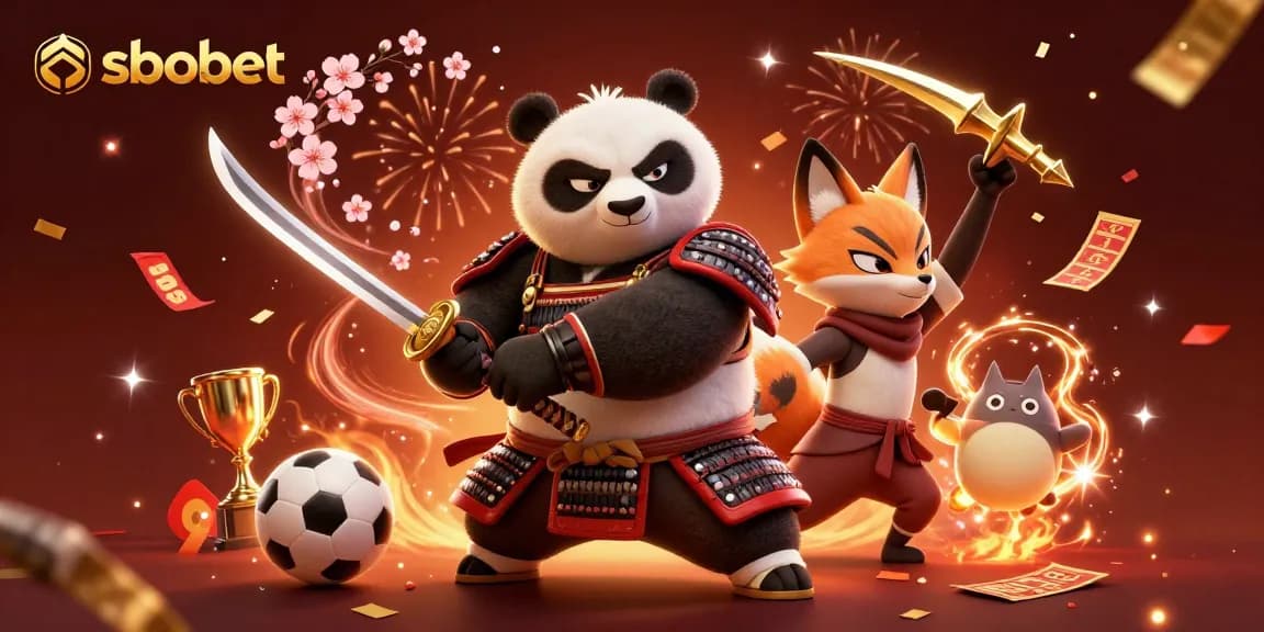 SBOBET sports betting scene featuring a samurai panda and a ninja fox amidst trophies and betting slips, celebrating wins.