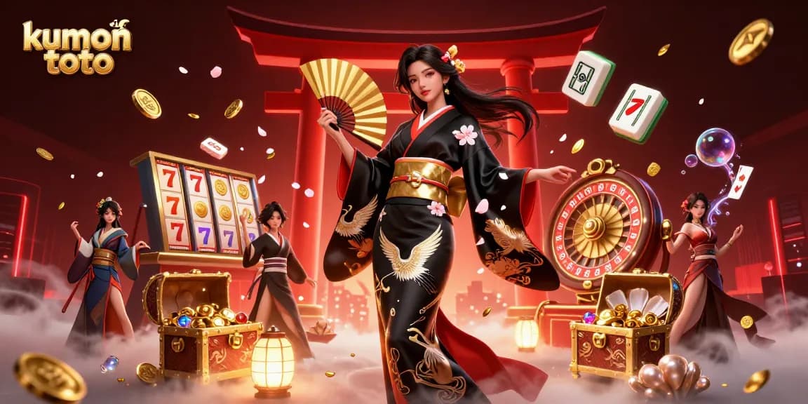 Engage with kumon toto in this vibrant scene featuring an Asian woman in traditional kimono surrounded by dynamic casino elements.