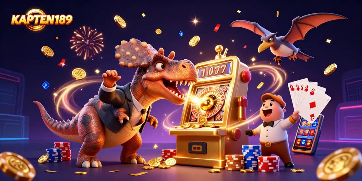 KAPTEN189 memperlihatkan dinosaurus kartun bermain slot jackpot dengan koin dan permainan kartu terbang di kasino.