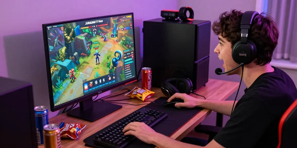 Gamer aktif menggunakan platform JURAGAN77 dengan semangat di ruang gaming yang cerah.