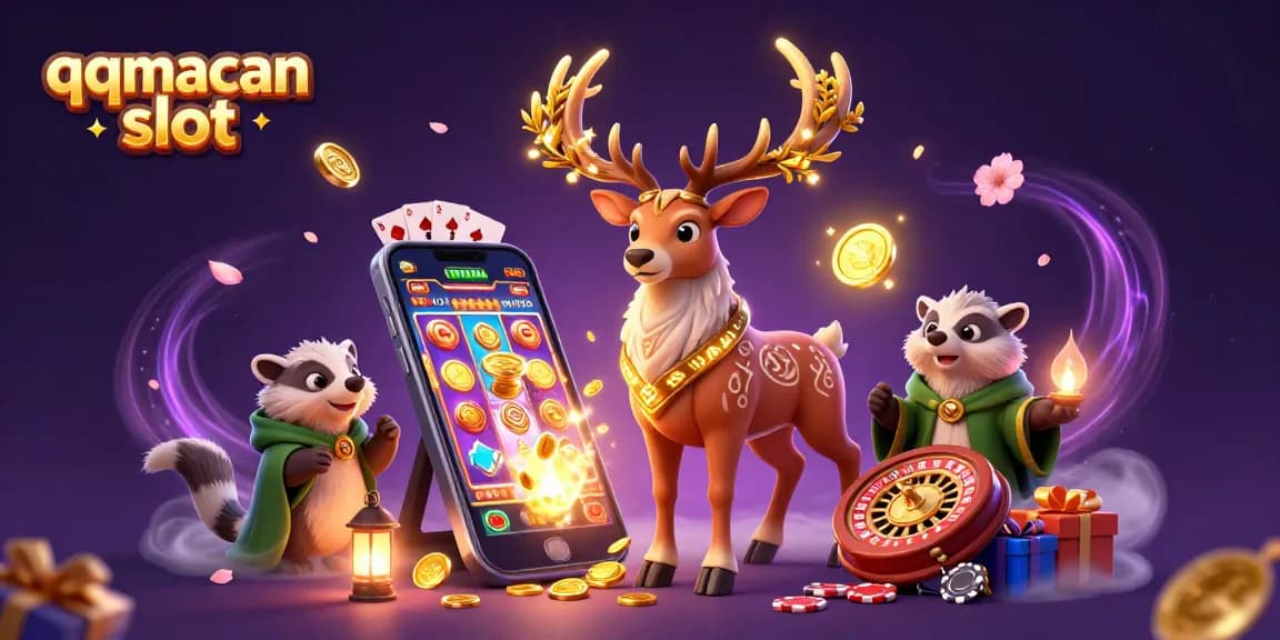 Engage in the thrilling qqmacan slot experience with vibrant 3D characters and casino elements.