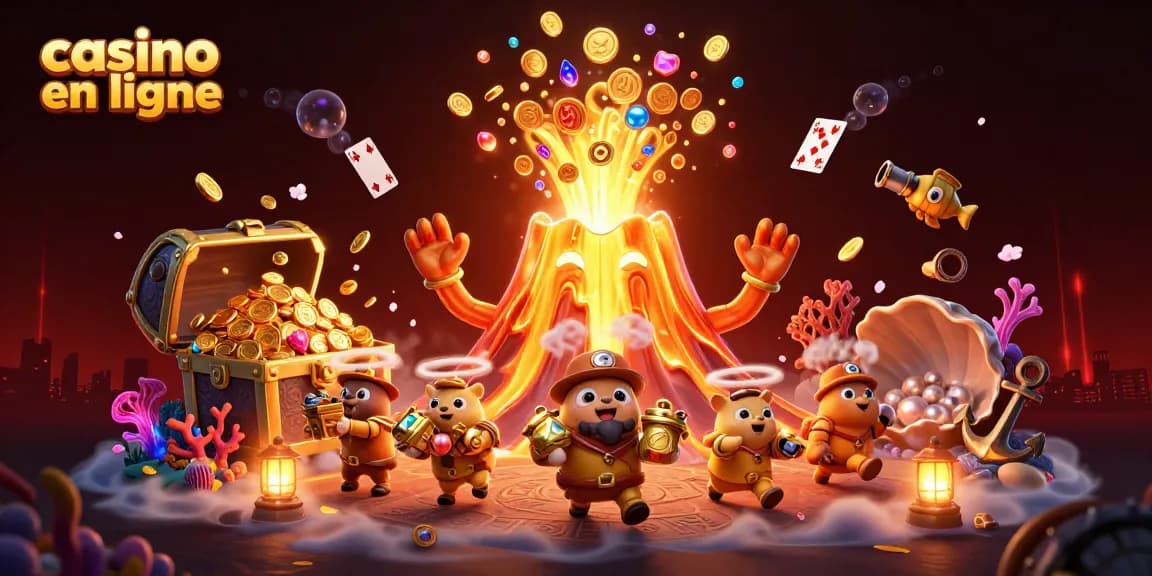 Plongez dans l'univers des jeux de casino en ligne avec cette illustration captivante d'un volcan doré, éruption de trésors.