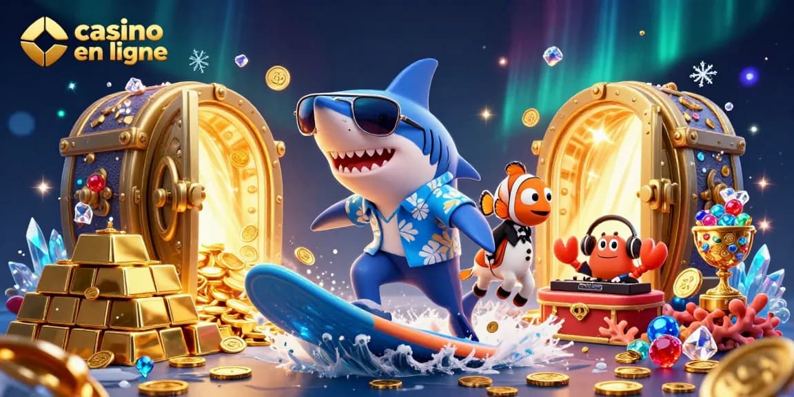 Jouez au casino en ligne avec un requin marteau surfant sur des pièces d'or et des poissons dans un décor festif.