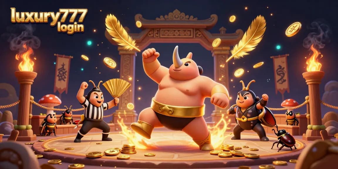 Engage in thrilling games at luxury777 login, featuring a dynamic sumo champion beetle and vibrant casino elements.