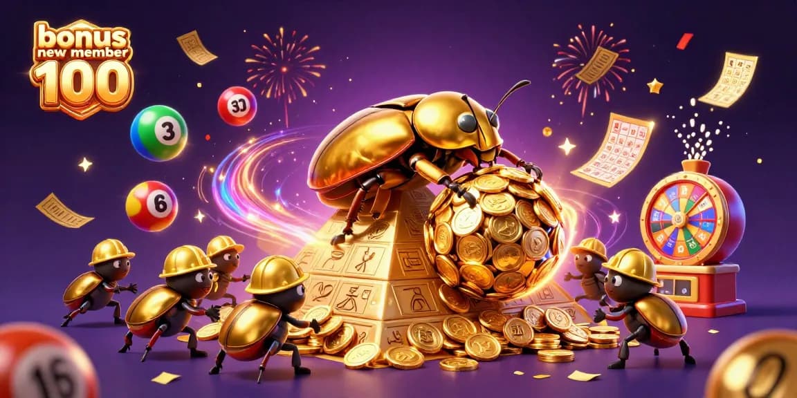 Experience the excitement of bonus new member 100 with vibrant casino elements and golden themes.