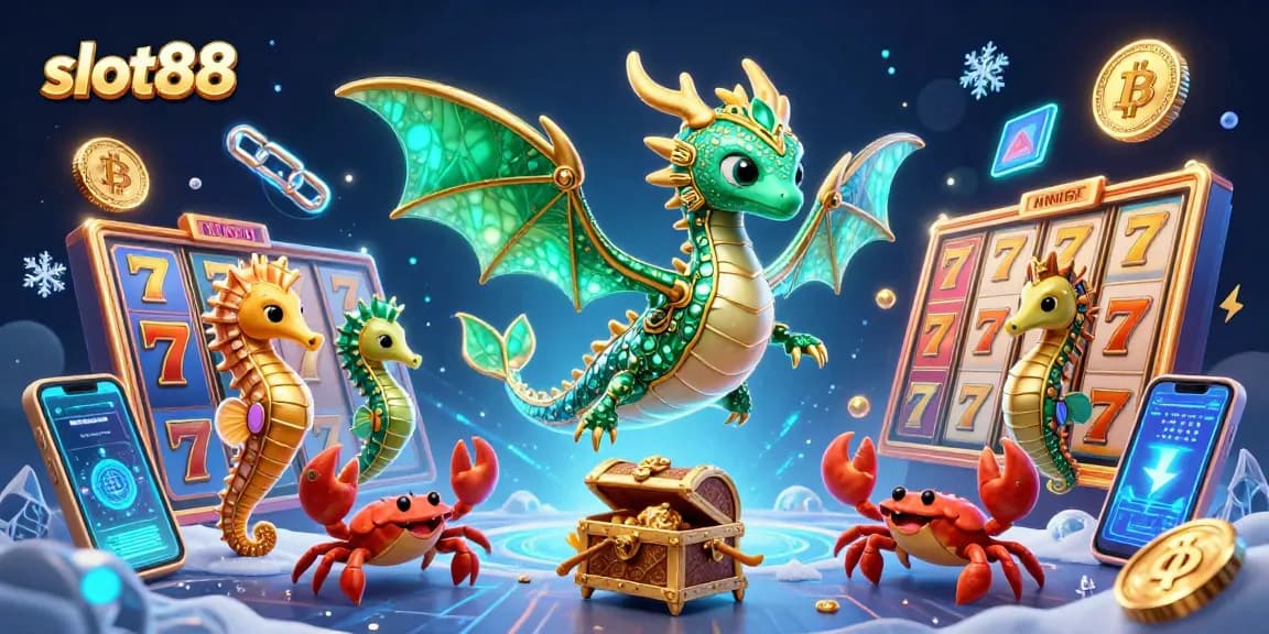 Experience the thrill of slot88 as vibrant slot reels and golden dragons soar through an exciting gambling scene!