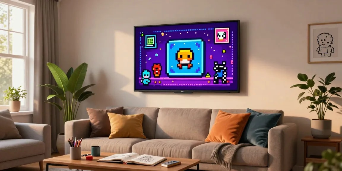 Colorful pixel art wall display in a cozy living room setting with stylish decor.