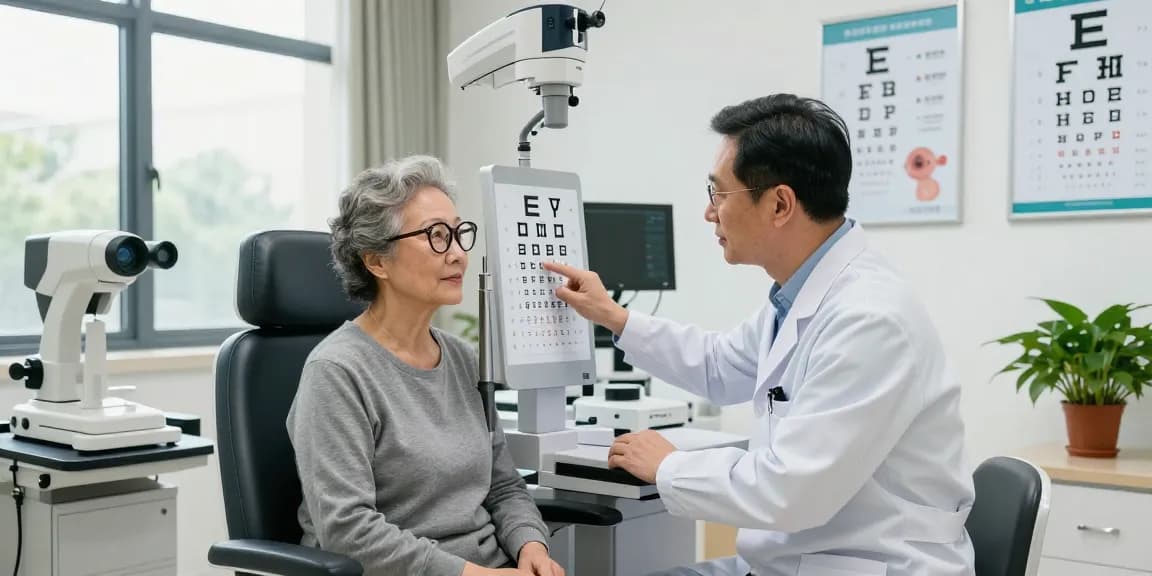 黄斑病變檢查 being demonstrated in a modern clinic with an elderly woman and eye doctor.