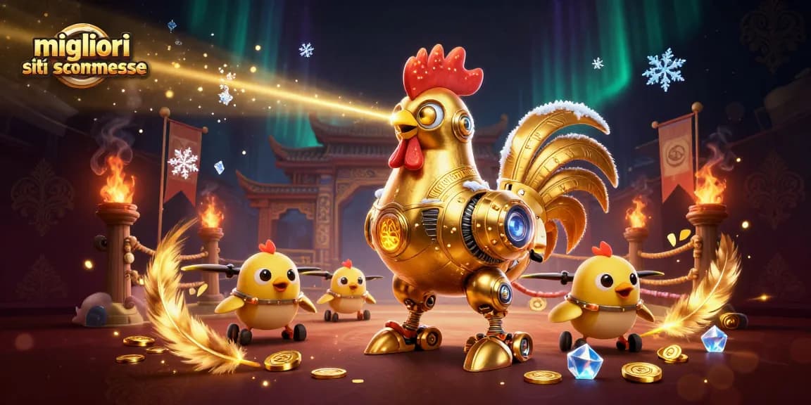 Scopri i migliori siti di scommesse con un robot gallo d'oro futuristico e droni che li seguono in un'arena di scommesse affollata.