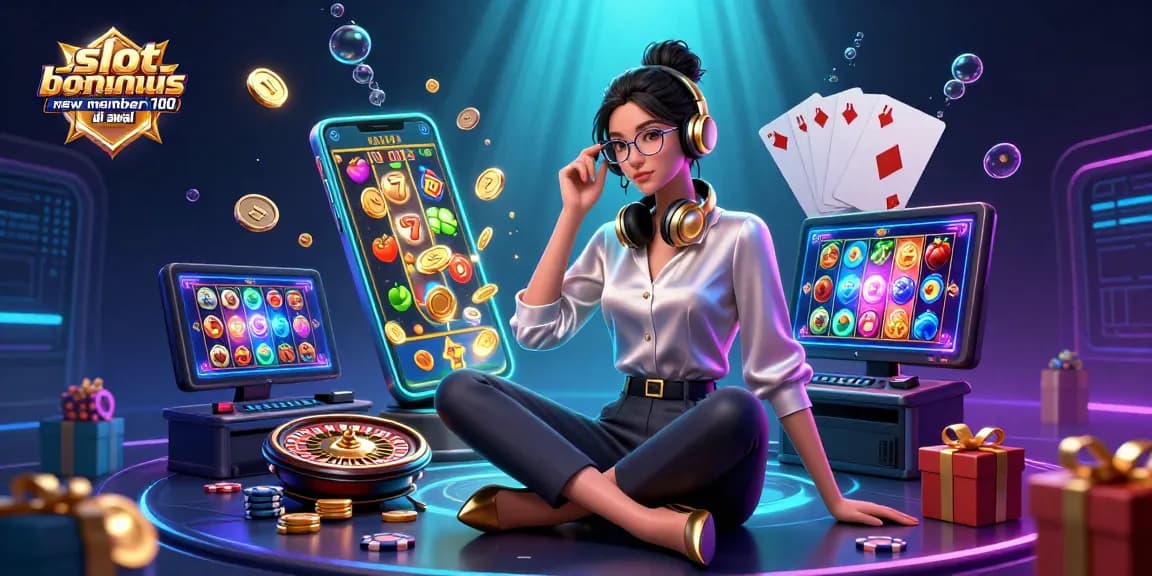 Play slot bonus new member 100 di awal with exciting visuals of casino games and dynamic elements.