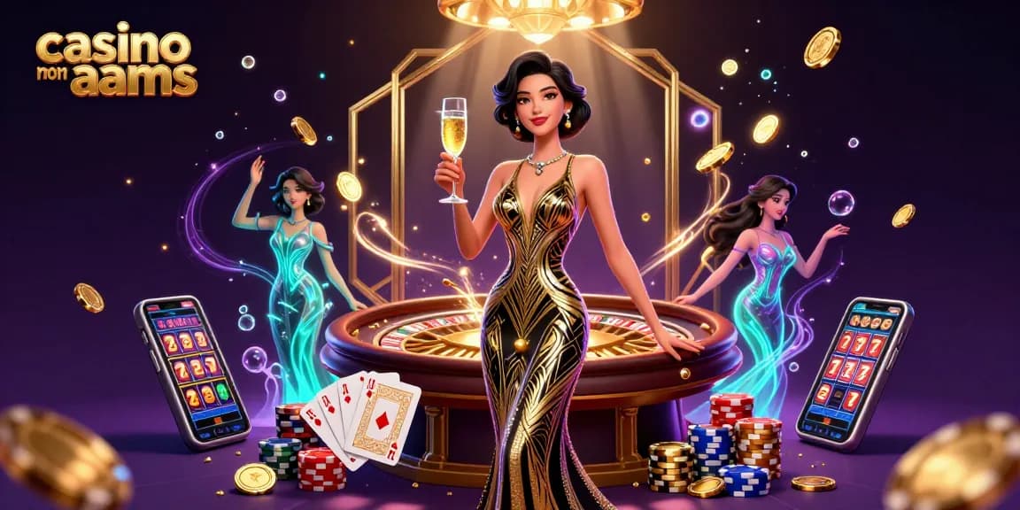 Scopri il mondo esaltante dei casino non aams con una scena glamour che presenta un'elegante donna asiatica, chip d'oro e giochi di carte.
