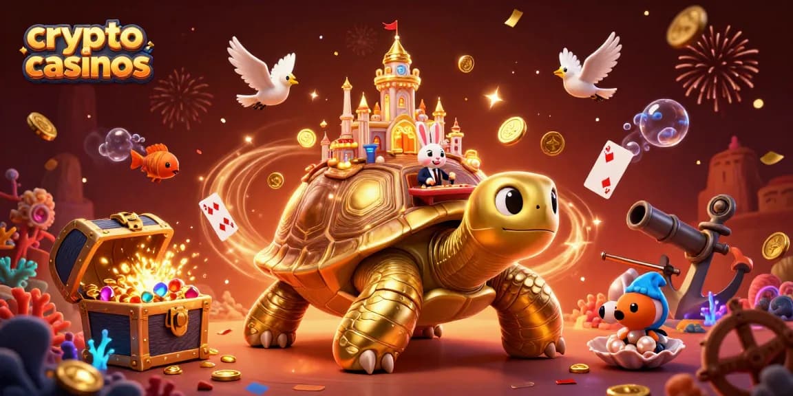 Jouez sur les crypto casinos avec l’illustration captivante d'une tortue géante et un dealer en direct.