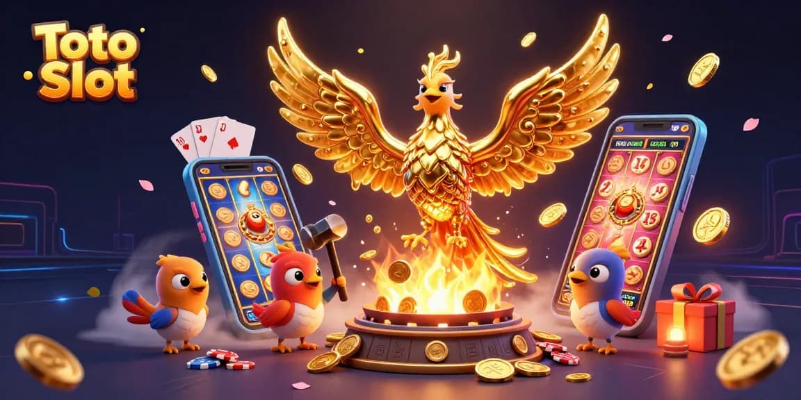 Menangkan Toto Slot dengan phoenix emas berapi, uang berjatuhan, dan permainan slot yang megah.