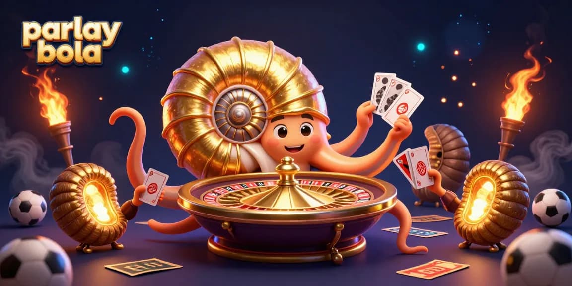 Engage with parlay bola in an energetic illustration featuring a giant nautilus and sports elements.