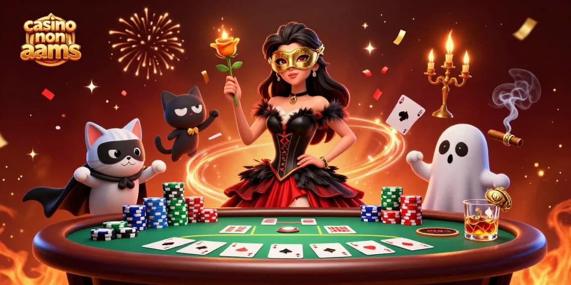 Immergiti nell'eccitazione dei casino non aams mentre personaggi vivaci giocano a poker emozionante circondati da elementi festivi.