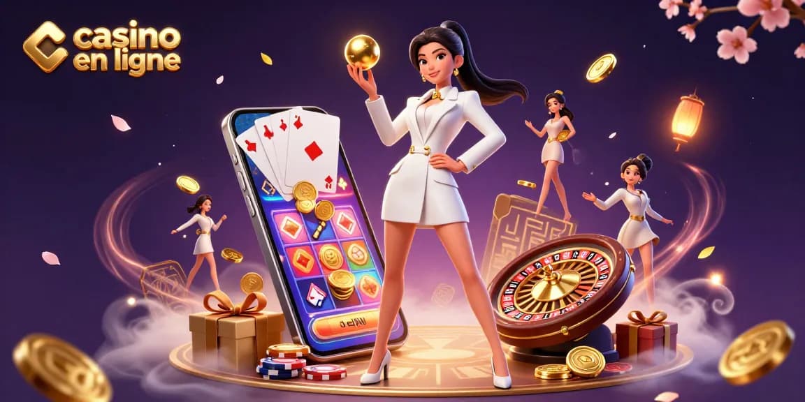 Participez à l'action du casino en ligne avec une femme asiatique mettant en valeur des éléments de jeu luxueux.