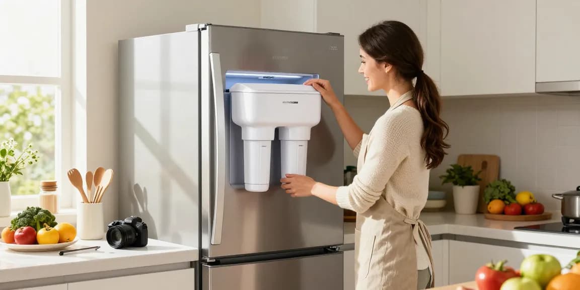 AQUACREST DW2042FR-09 Refrigerator Water Filter installation in a modern kitchen.
