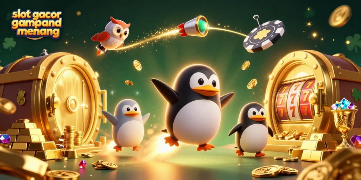 Experience the thrill of slot gacor gampang menang with a vibrant 3D illustration of a golden penguin and casino elements.