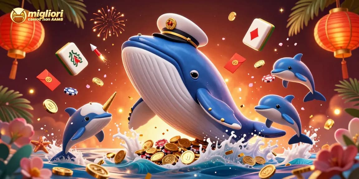 Migliori casino non AAMS con una balena, un narvalo e delfini tra elementi a tema casinò, che mostrano dinamiche di gioco.