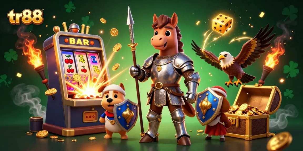 Experience the excitement of tr88 with cartoon knights and dynamic casino elements bursting with action!