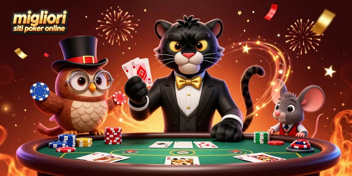 Migliori siti poker online rappresentati da un'elegante pantera nera al tavolo da poker, con un gufo e un topo fortunato.