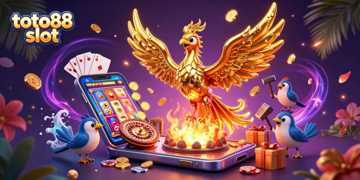 Experience a thrilling gaming adventure with the new toto88 slot as golden coins erupt from a smartphone!