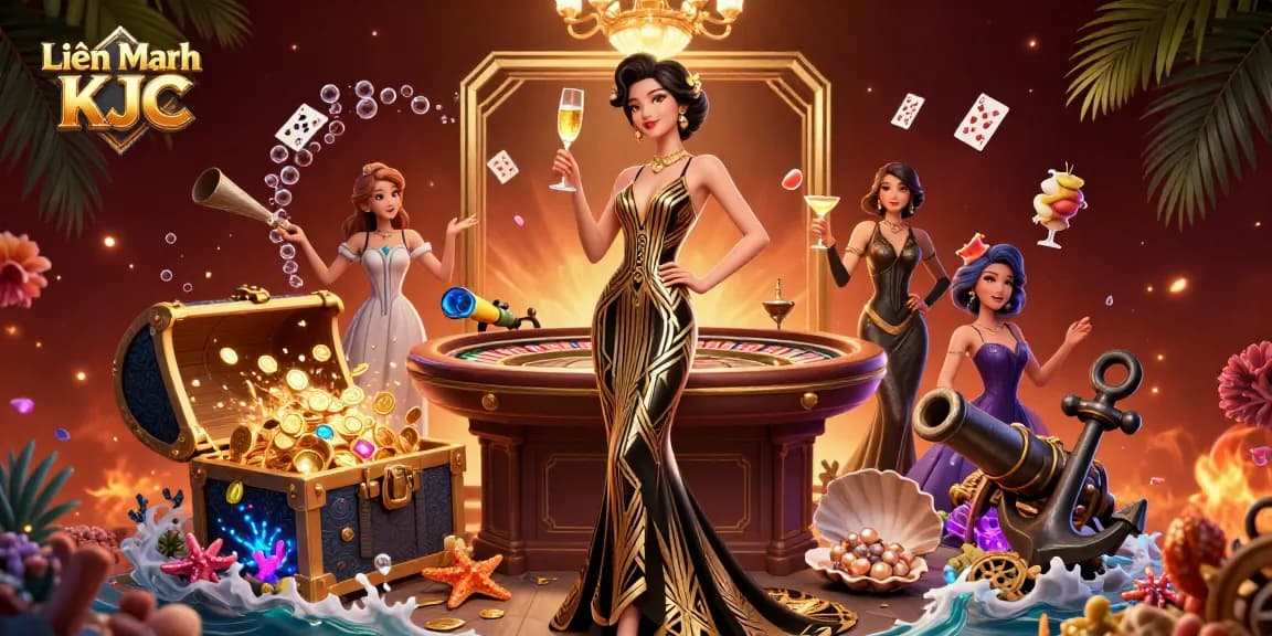 Experience the thrilling world of gambling with Liên Minh KJC, showcasing vibrant casino elements and glamorous aesthetics.