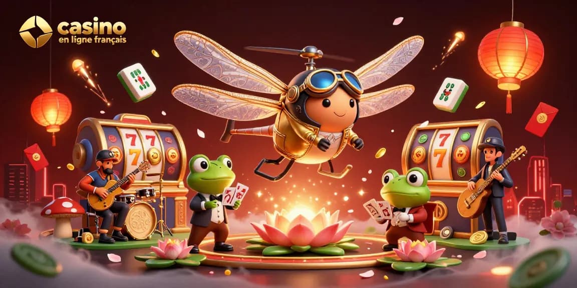 Profitez du casino en ligne français avec un pilote libellule et un croupier grenouille, entourés de jeux captivants.