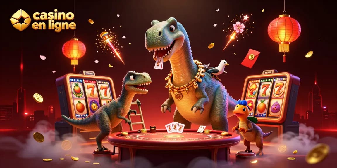 Casino en ligne : illustration dynamique d'un brontosaurus géant surveillant une table de poker.