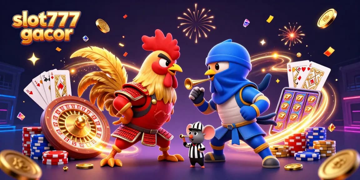 Membuka slot777 gacor dengan video game menggembirakan, menampilkan ayam bertarung dan aktivitas kasino yang penuh warna.
