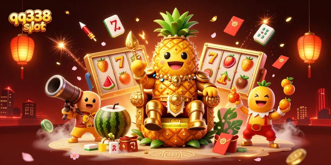 Spin the reels of the qq338 slot surrounded by vibrant casino elements and colorful characters.