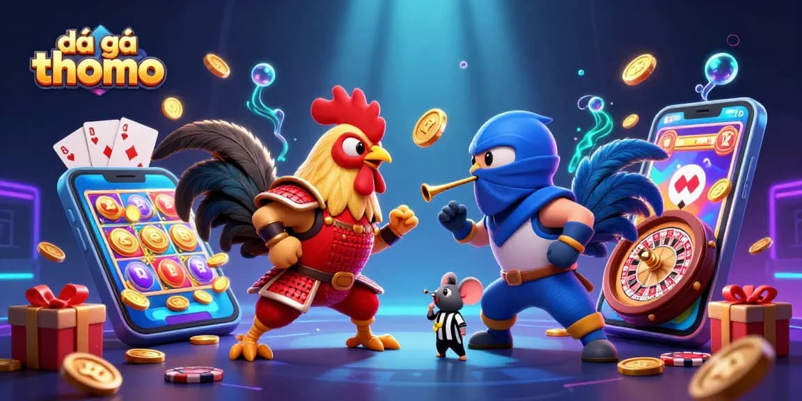 Watch the epic showdown of đá gà thomo roosters in a colorful casino scene full of excitement.
