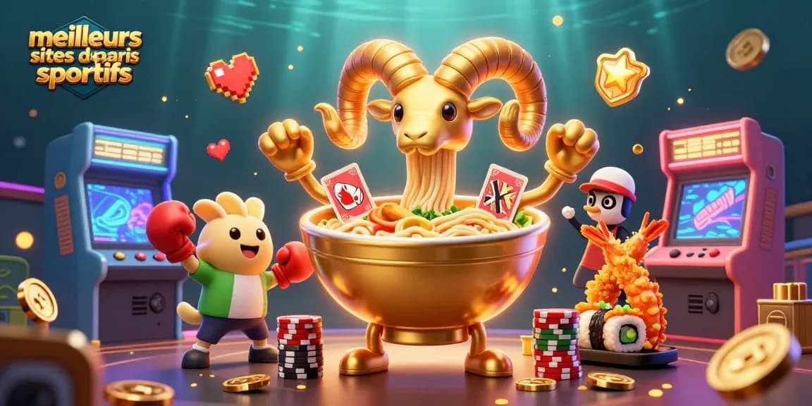 Visualisation dynamique des meilleurs sites de paris sportifs avec un bol de ramen géant et des personnages de casino.