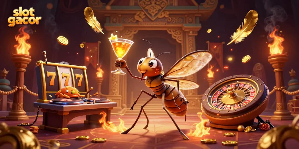 Slot gacor memberikan tampilan menarik dengan roulette emas dan karakter kasino dalam komposisi dinamis.