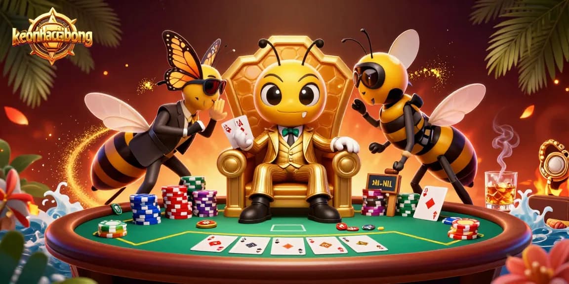 Engage in high-stakes poker action with keonhacaibong88 in a vibrant casino setting featuring a bumblebee mob boss.