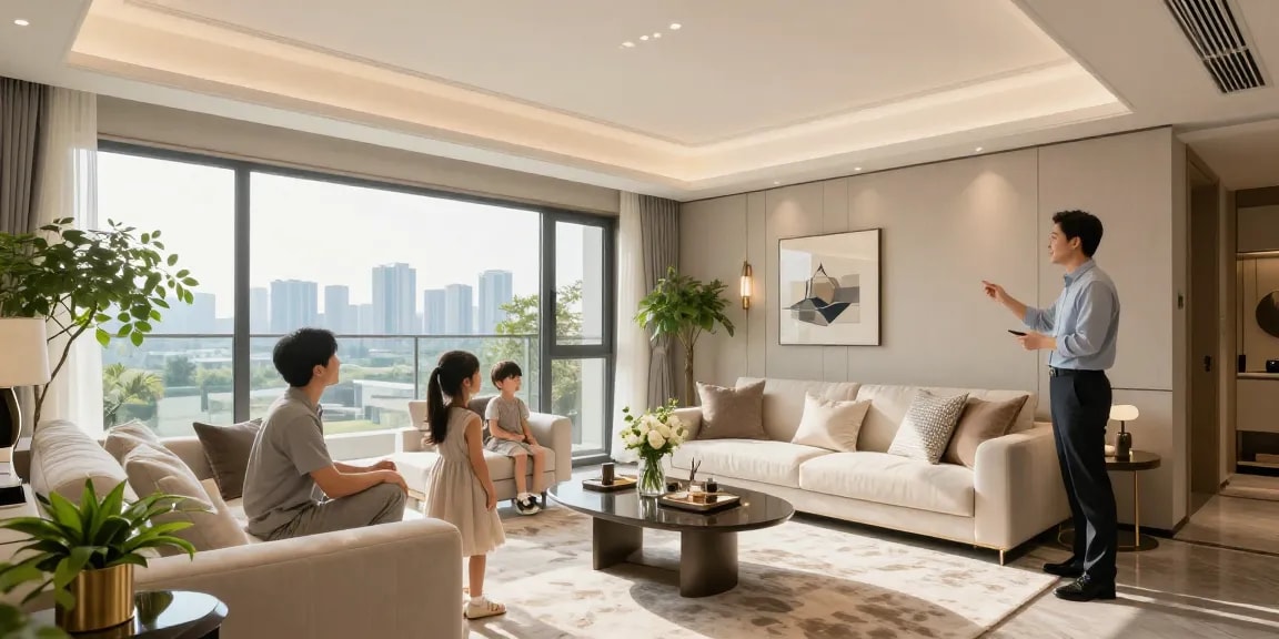 Dover Residences Showflat with a family exploring the luxurious living space, showcasing modern design and inviting atmosphere.