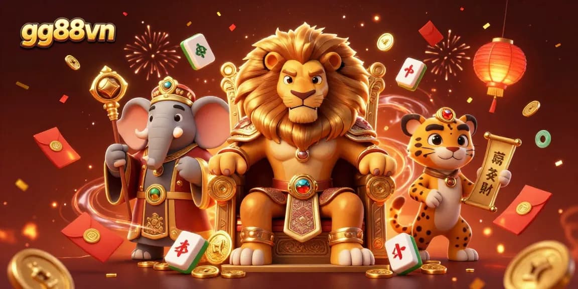 Experience the vibrant world of gg88vn with a fierce lion king, golden coins, and festive gaming elements.