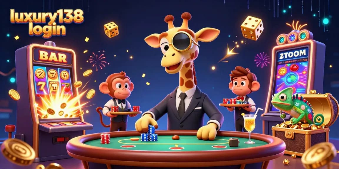 Experience excitement with luxury138 login, featuring a lively casino scene and vibrant characters.