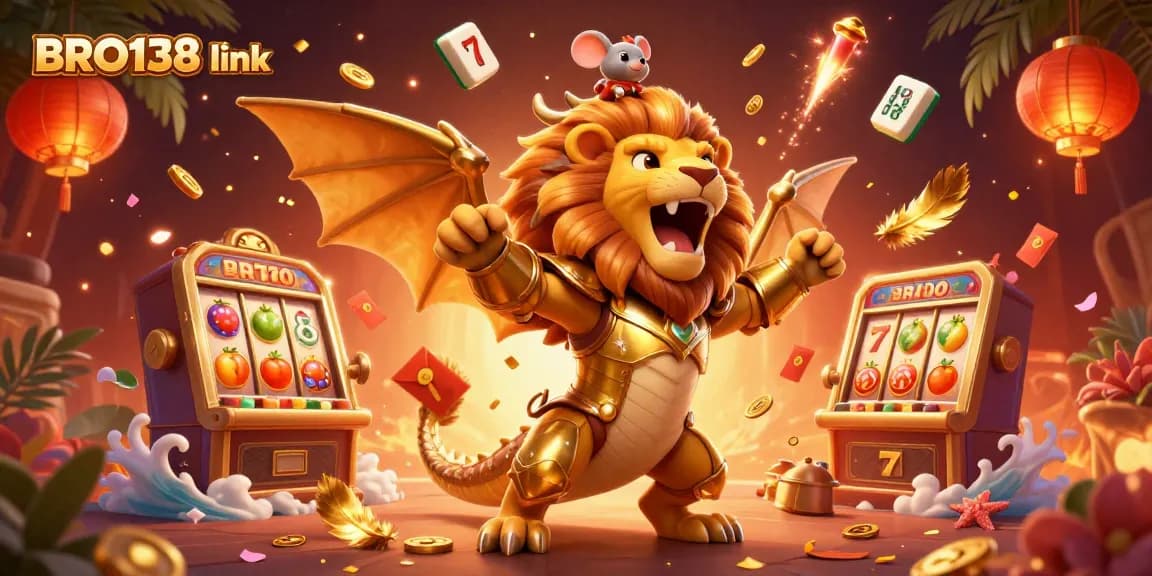 Experience thrilling gameplay with BRO138 link, showcasing vibrant slots surrounded by dynamic golden elements.