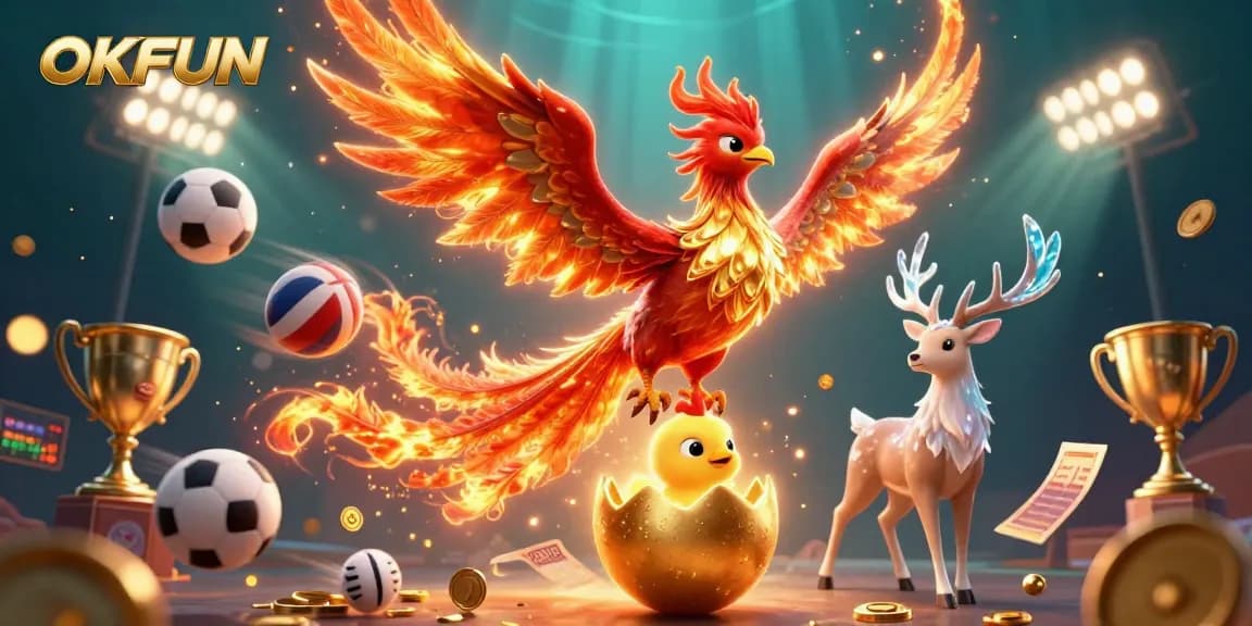 Experience thrilling gameplay at OKFUN with a vibrant casino-themed illustration featuring dynamic action and magical elements.