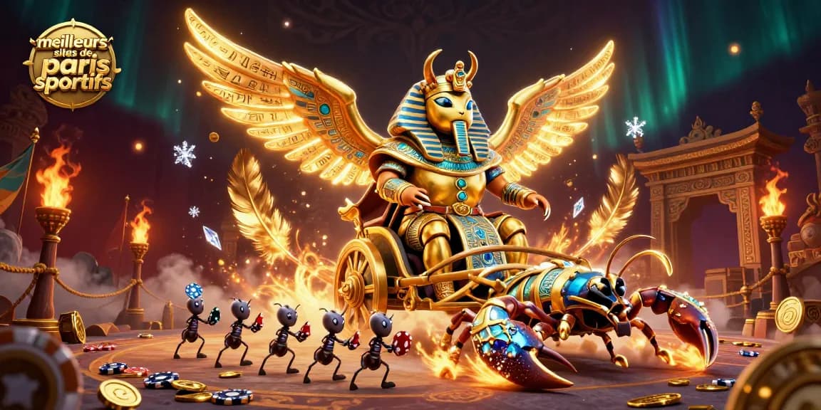 Visualisez les meilleurs sites de paris sportifs avec des personnages uniques jouant leur chance dans une scène de casino dynamique.