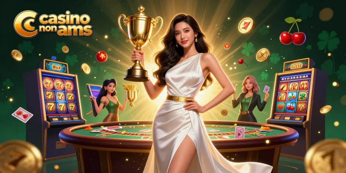 Immagine coinvolgente di casino non aams con una donna sicura che tiene un trofeo con simboli dinamici di giochi di slot.