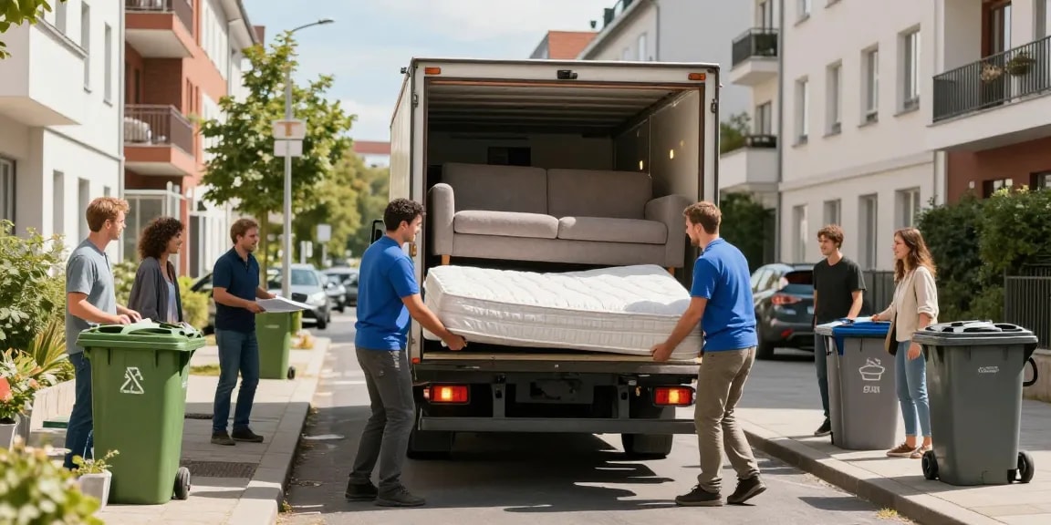 Sperrmüllabholung 80 Euro Berlin - Professional team efficiently removing furniture from homes in urban setting.