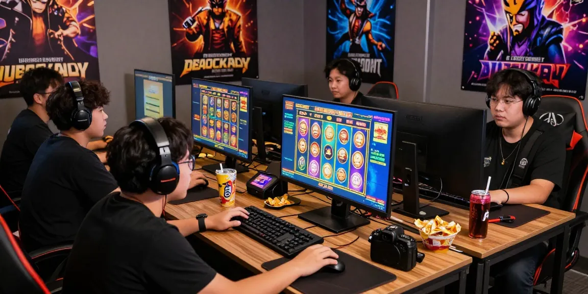 Exciting gaming scene showcasing players engaging in deposit pulsa tanpa potongan slot games with vibrant visuals and snacks.