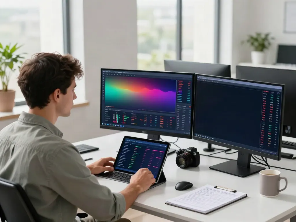 Trader analyzing advanced TradingView charts in a modern workspace.