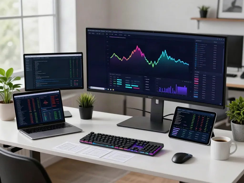 Working professional analyzing cryptocurrency trends via indices data API in a modern DeFi trading setup.