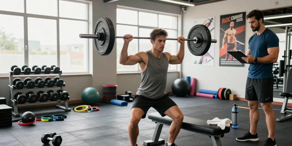 Person training at Deus Medical Shop gym, lifting weights in a bright, energetic environment.